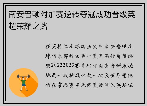 南安普顿附加赛逆转夺冠成功晋级英超荣耀之路